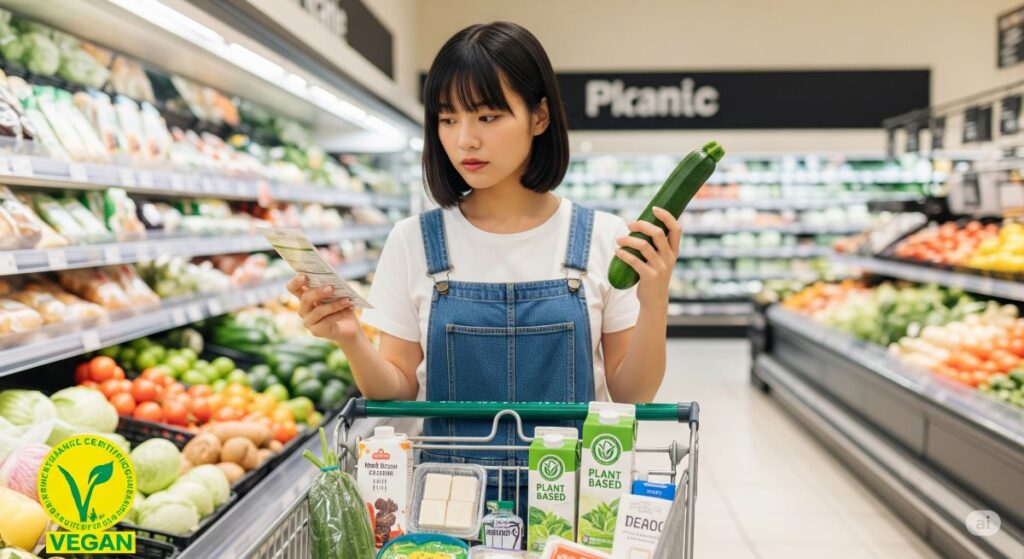 食品表示を確認しながら植物性食品を選ぶ日本人女性の買い物風景