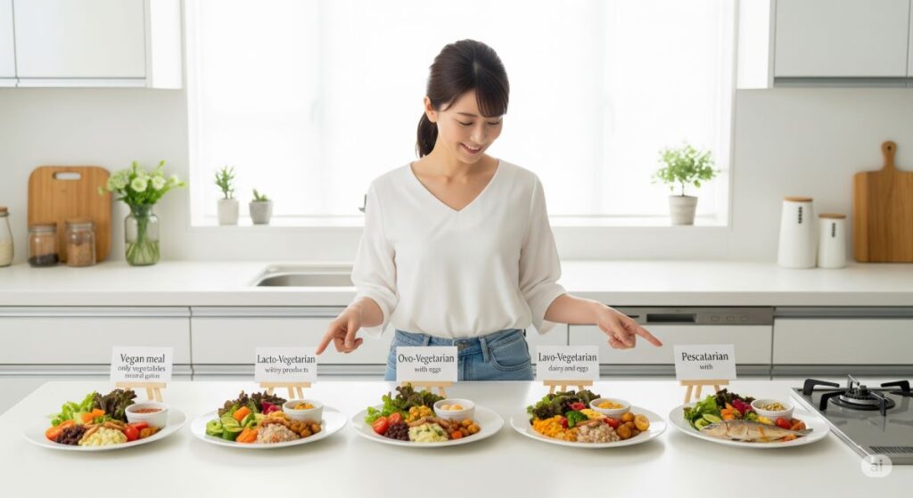 ベジタリアンの種類別食事内容を説明する日本人女性と様々な菜食メニュー