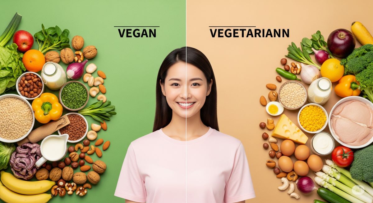 ヴィーガンとベジタリアンの食生活を表現する新鮮な野菜や植物性食品に囲まれた日本人女性