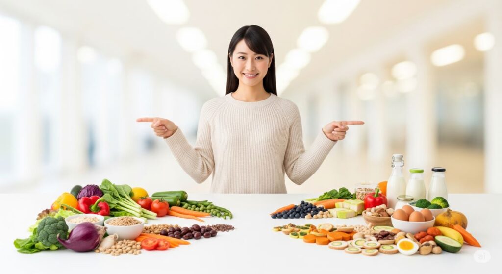 ヴィーガンとベジタリアンの食事内容の違いを表現する分割構成と日本人女性