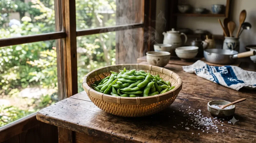 ザルに盛られた茹でたての枝豆と粗塩