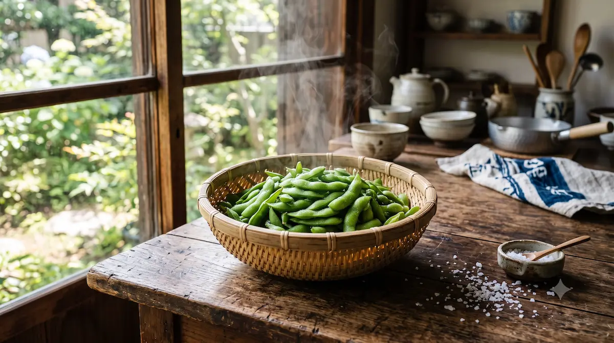 ザルに盛られた茹でたての枝豆と粗塩