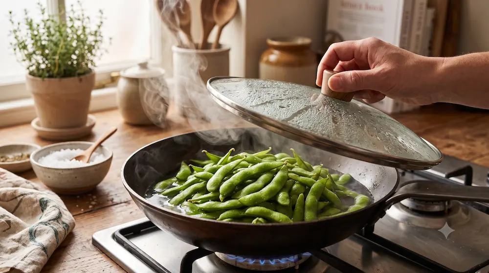 フライパンで蒸し茹でにしている枝豆