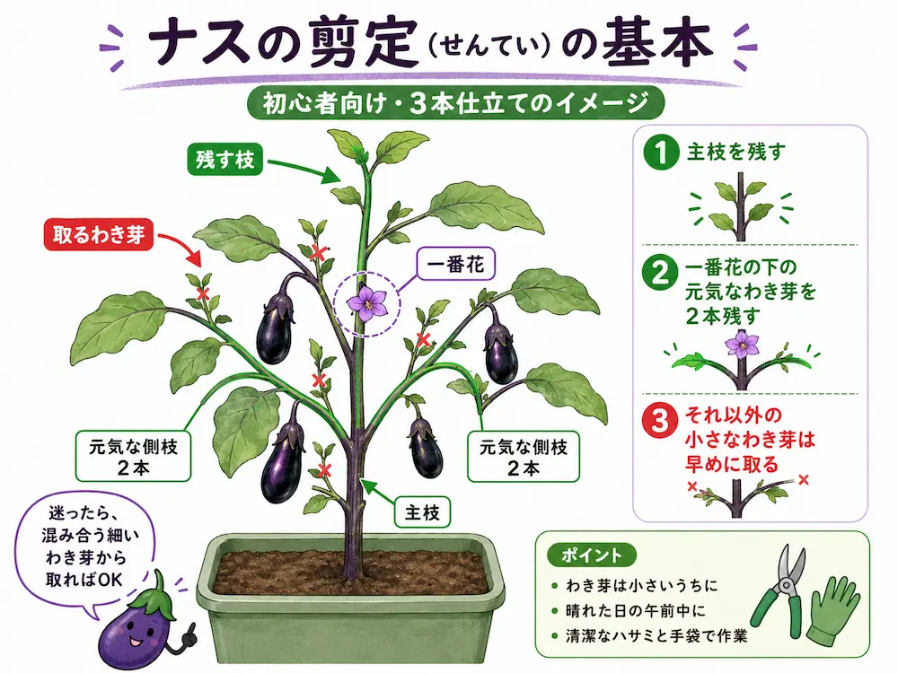 ナスの剪定(せんてい)と3本仕立ての基本を説明した図解