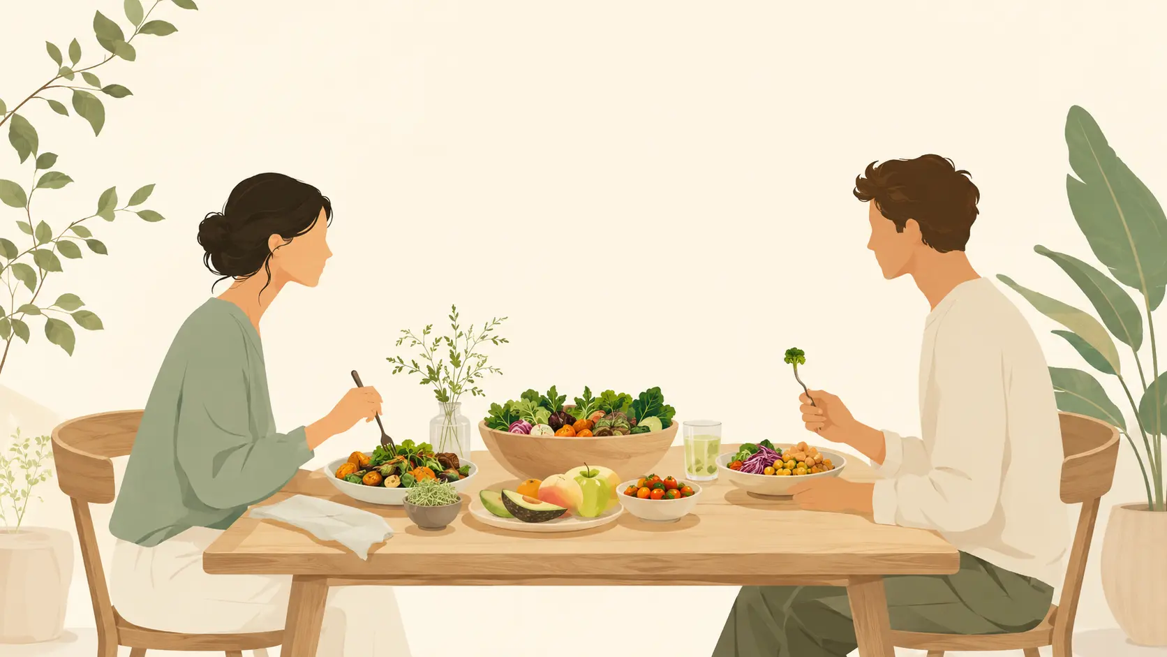 ヴィーガン向けの婚活で価値観の合う二人が食卓を囲む安心感のあるイメージ