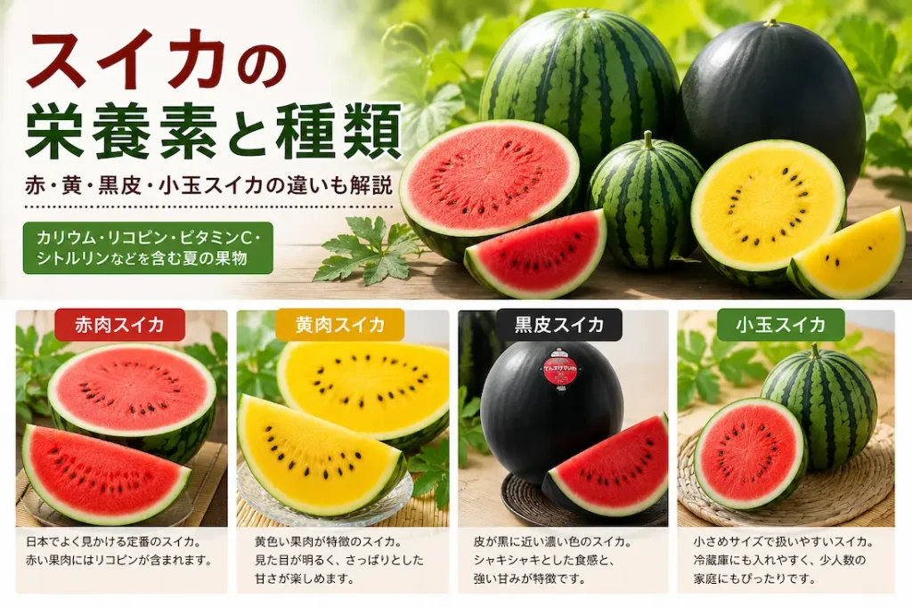 赤肉・黄肉・黒皮・小玉スイカを並べたスイカの種類のアイキャッチ画像