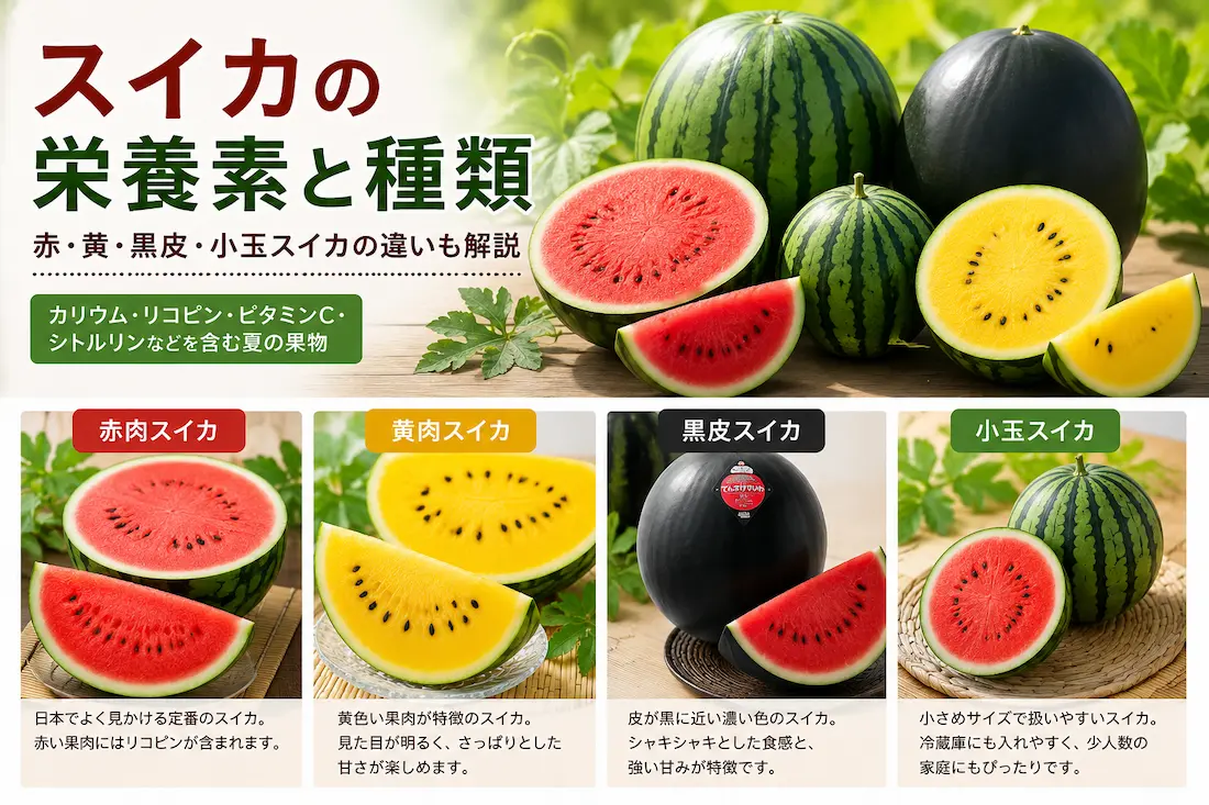 赤肉・黄肉・黒皮・小玉スイカを並べたスイカの種類のアイキャッチ画像